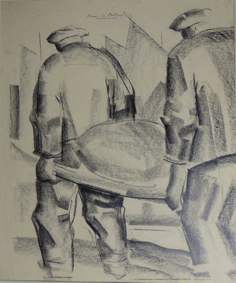 Pierre de Belay (1890-1947) -"Le Chargement du bateau", 1924 - Dessin au crayon gras sur papier contrecollé sur cartonnette, 57 x 47.8 cm - Musée des beaux-arts de Quimper (See the caption hereafter)