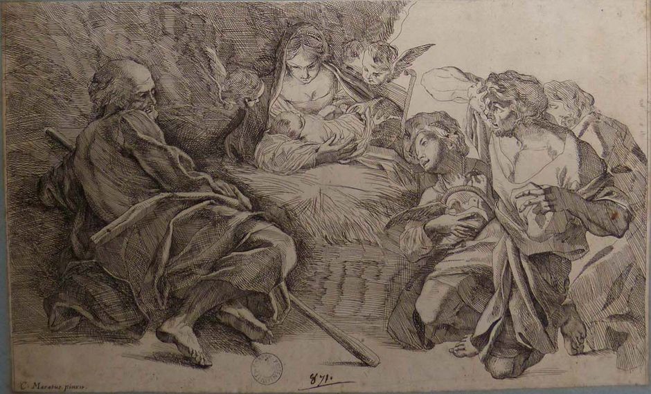 Anonyme du XVIIe ou XVIIIe siècle d’après la peinture de Carlo Maratta – "Nativité" - Gravure à l'eau-forte et au burin sur papier, 23 x 37.5 cm - Musée des beaux-arts de Quimper (Voir légende ci-après)