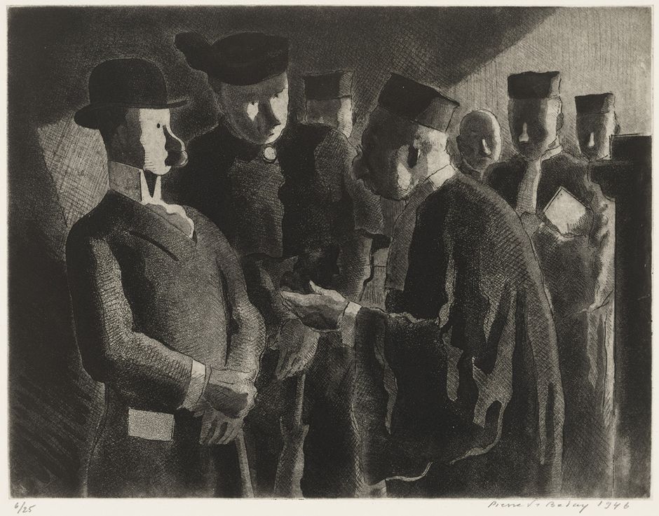 Pierre de Belay (1890-1947), "Les Clients de province", 1946 - Gravure sur papier, 38 x 56.3 cm - Musée des beaux-arts de Quimper © Frédéric Harster (Voir légende ci-dessous)