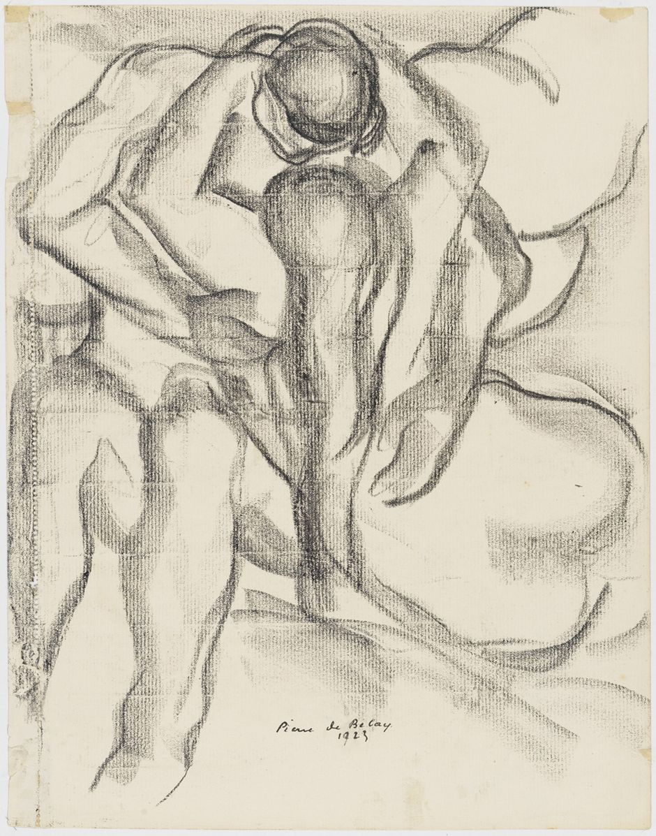 Pierre de Belay (1890-1947) -"Le Baiser", 1919 - Dessin au crayon sur papier contrecollé sur cartonnette, 29.8 x 23.3 cm - Musée des beaux-arts de Quimper © Frédéric Harster (See the caption hereafter)