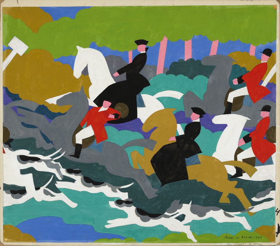Pierre de Belay (1890-1947) -"Projet de tapisserie : la chasse à courre", 1947 - Gouache vernie sur carton, 45.3 x 52.5 cm - Musée des beaux-arts de Quimper © Frédéric Harster (Voir légende ci-dessous)