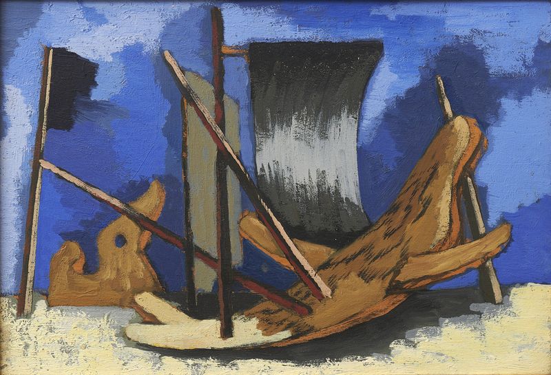 Jean Lurçat (1892-1966) - "Barques et mâts", non daté - Huile sur panneau, 35.5 x 24 cm - Musée des beaux-arts de Quimper © Bernard Galéron / ADAGP, Paris, 2024